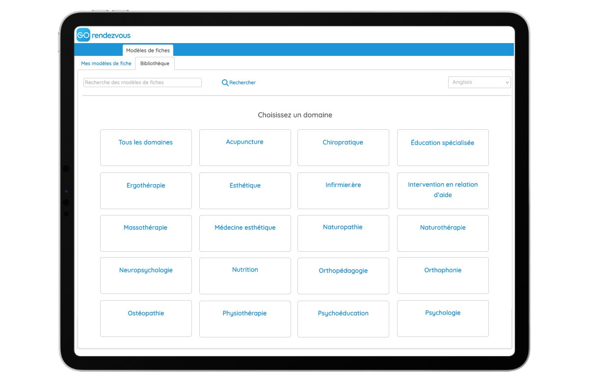 Une vue de la bibliothèque de modèles de fiches de GOrendezvous, qui propose des modèles pour une variété de professionnels