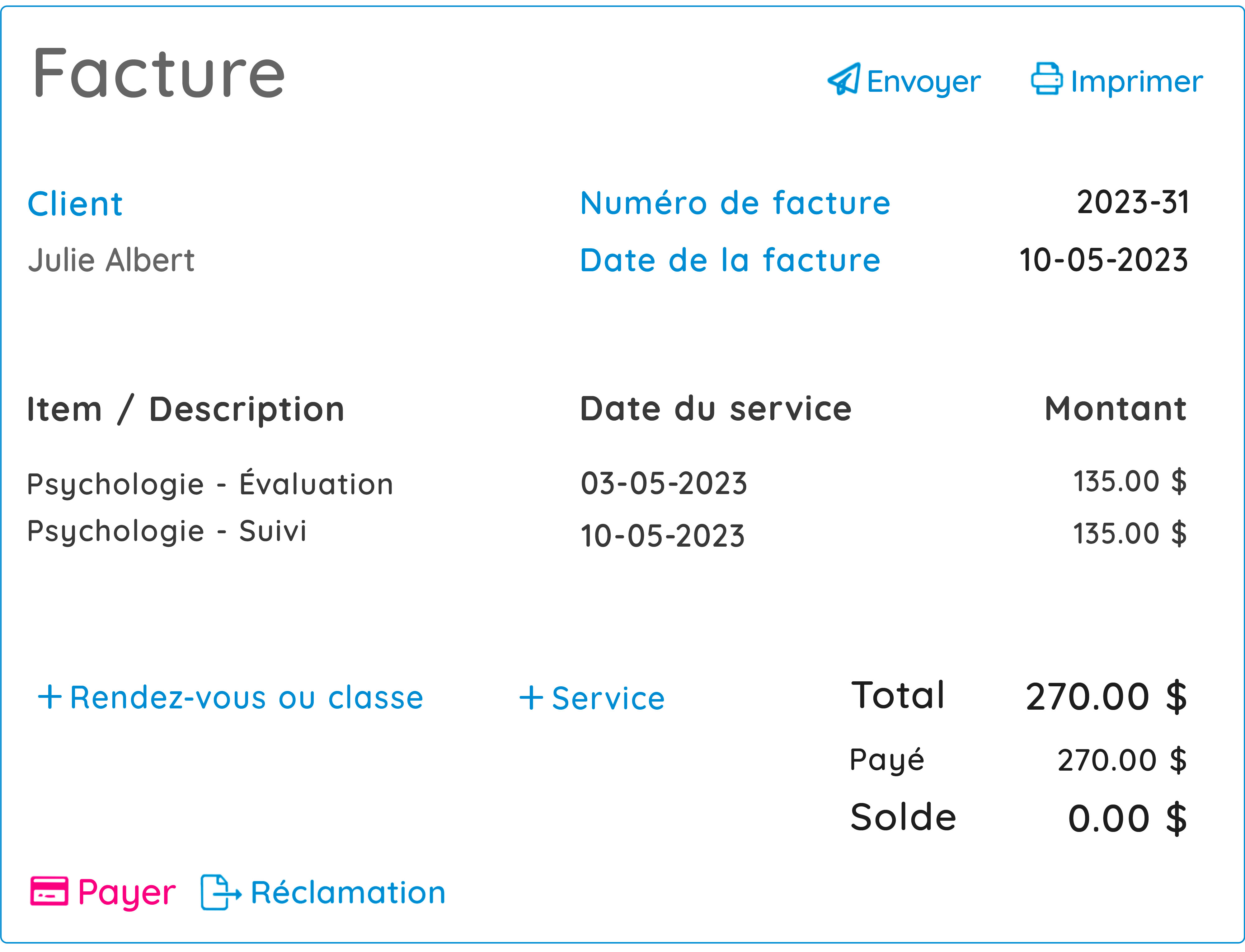 Facture GOrendezvous pour services rendus par un psychologue