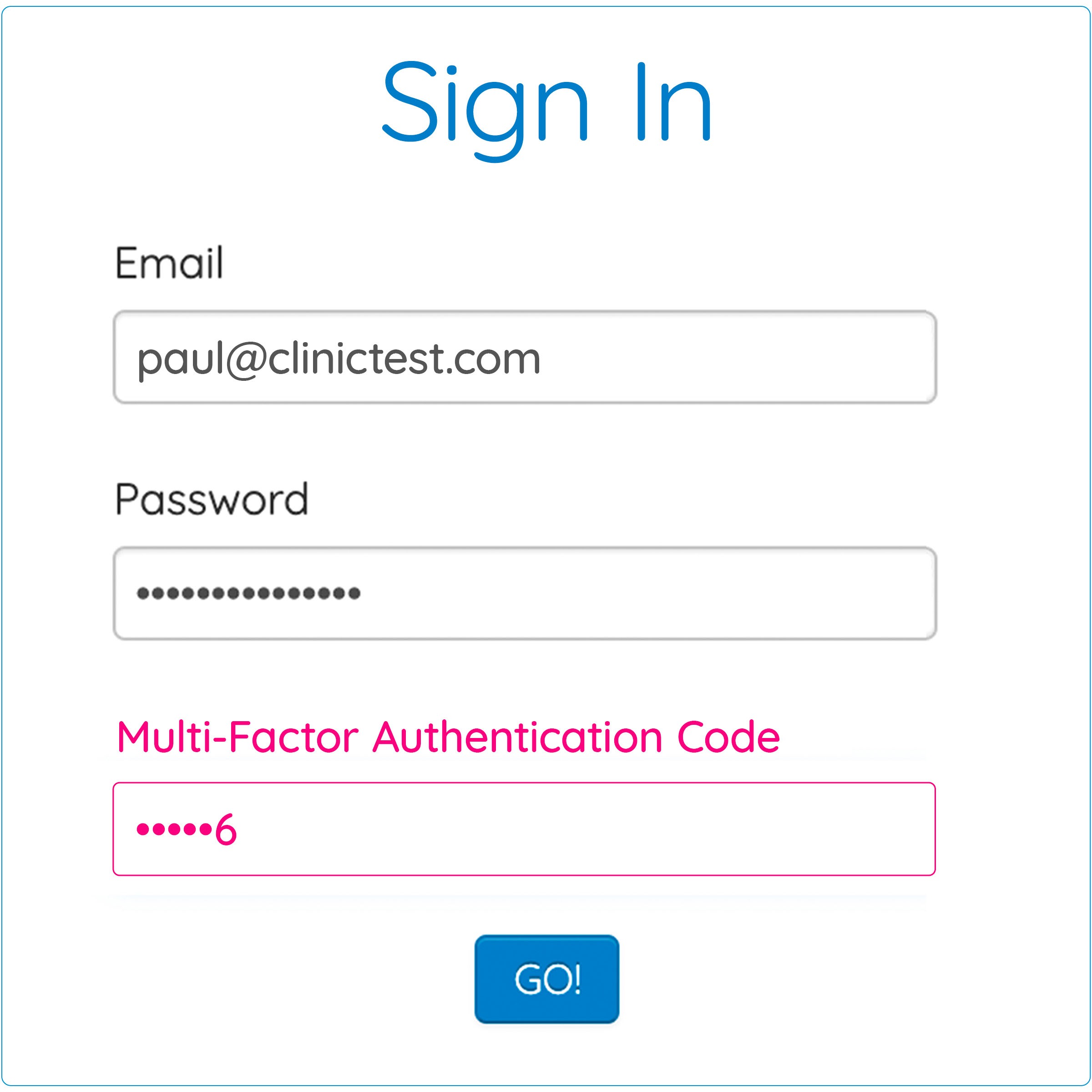 The GOrendezvous sign in page requiring the professional to enter a multi factor code to access the platform